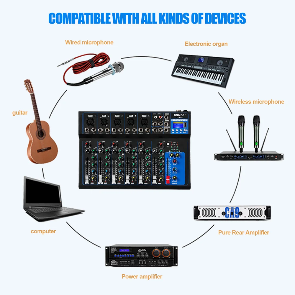 BOMGE F7 Bluetooth Audio Mixer USB DJ Sound Mixing Console MP3 Jack 48V Power for Computer Recording For Studio Recording