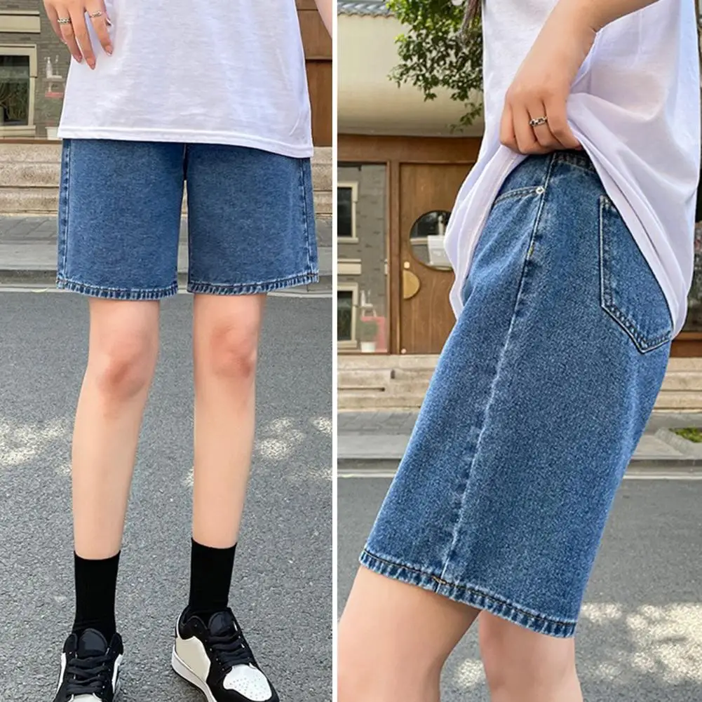 Loose Fit Jeans Vintage Denim Shorts with Adjustable Waist Pockets for Women Knee Length A-line Jeans with Zipper Closure Plus