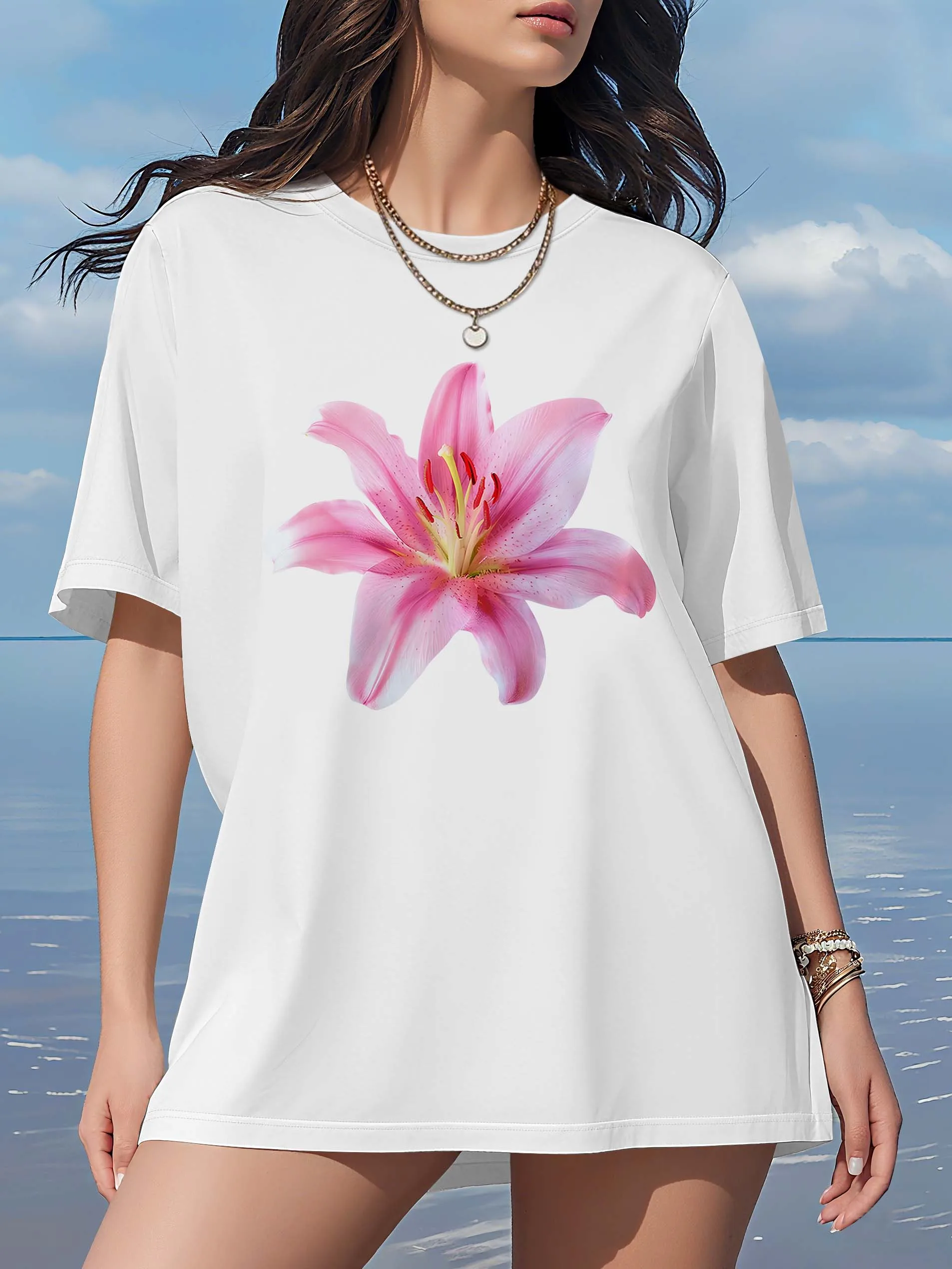 

Топы больших размеров, женская одежда, летние наряды с круглым вырезом, розовые лилии с цветочным принтом, мягкие и удобные футболки с рисунком, женские топы