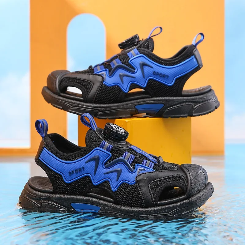 Boys' Shoes, Sandals, Toe Cap, 2024 New Summer Children's Beach Net Shoes, Middle and Big Boys, Swivel Button Sandals