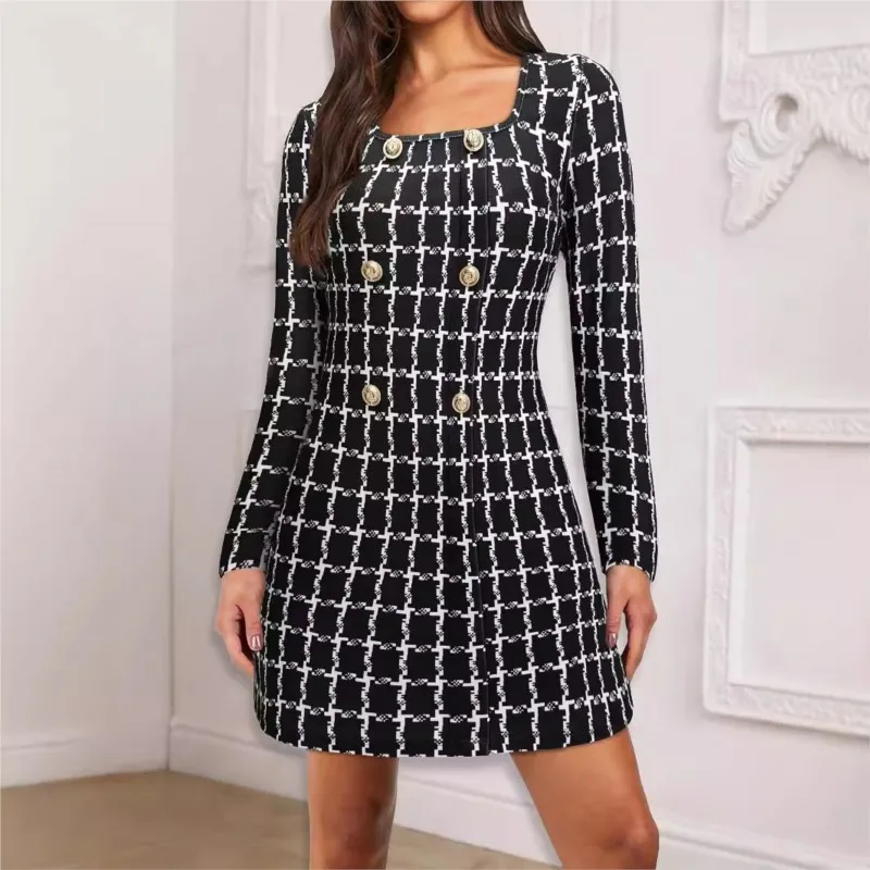 Mini Dress Elegant Square Neck 2024 New Black And White Checkered Printed Button Decoration Long Sleeved Slim Fit Dress Autumn