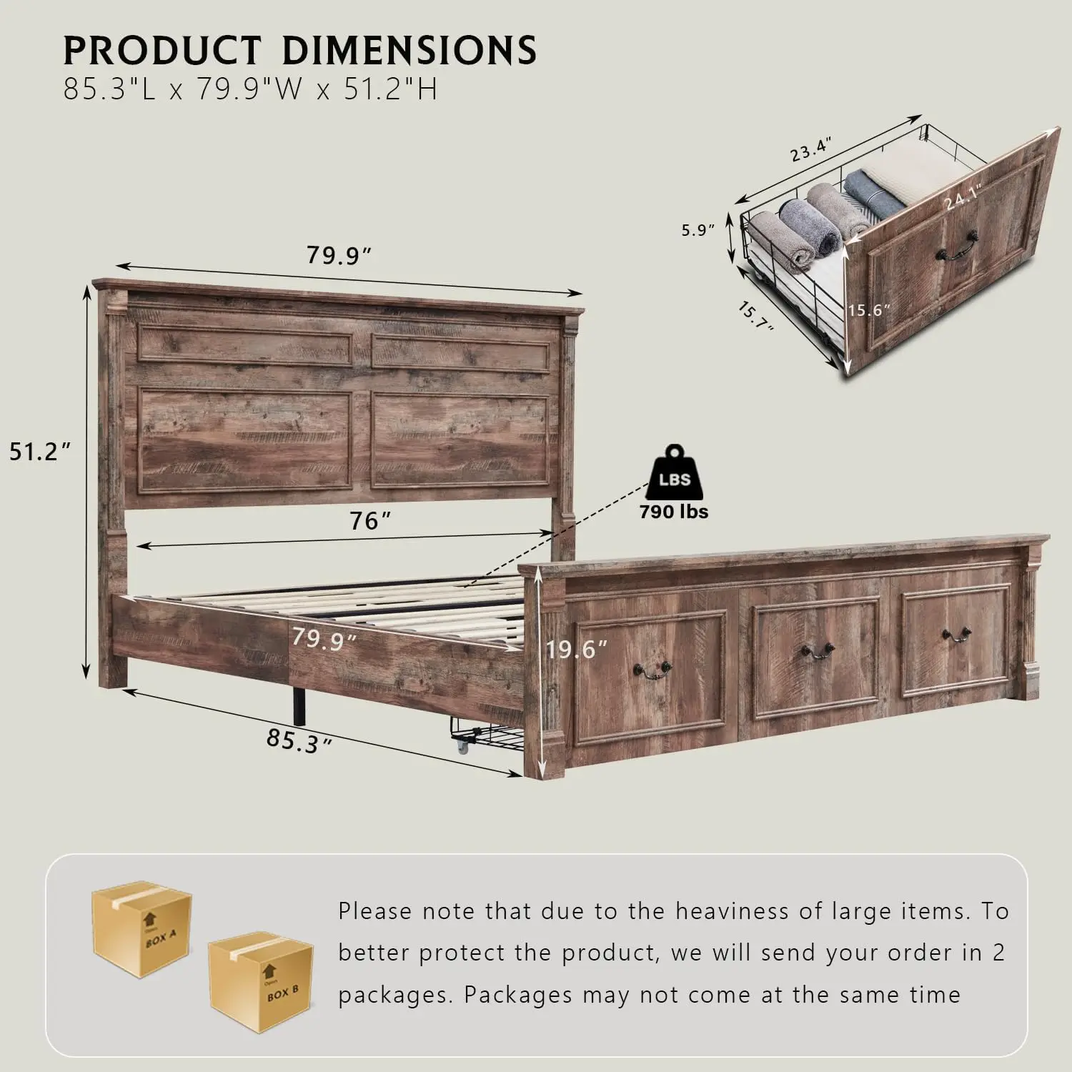 Estrutura de cama king size de fazenda com cabeceira alta de 51", estrutura de cama de plataforma de madeira com base de decoração de coluna romana de 20" de altura e