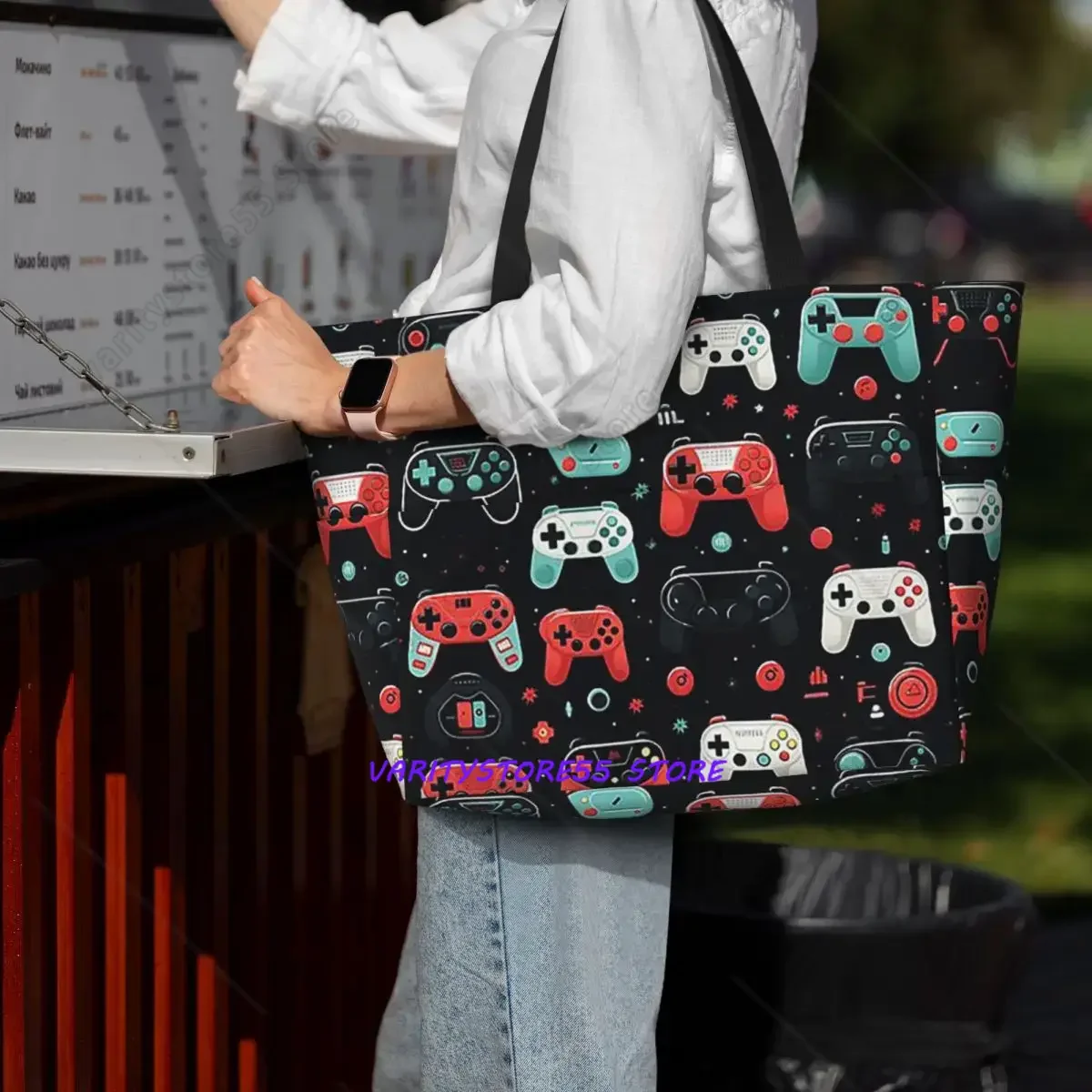 Gaming Pattern - Game Controllers Beach Tote Bag Sport Gym Yoga Duffle Large Tote Bag Women Travel Fitness