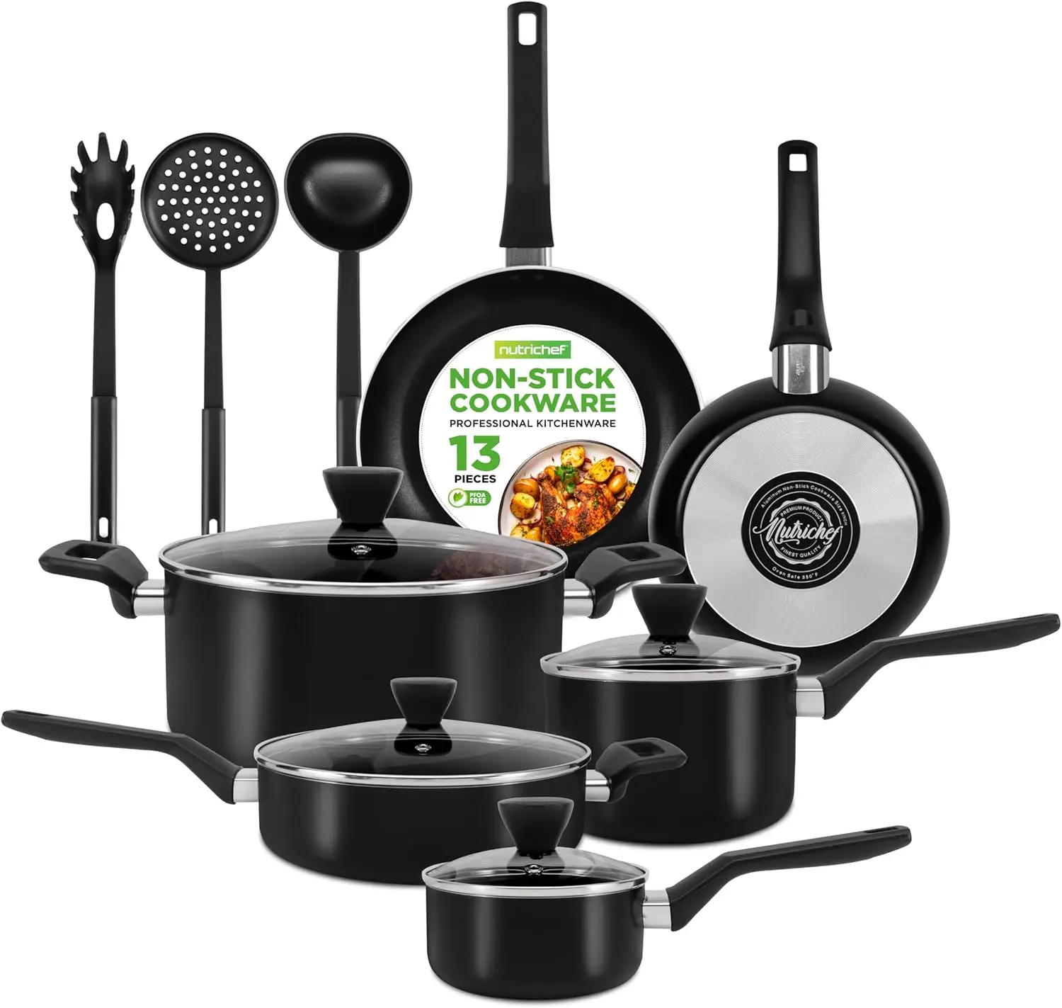 13-Piece Nonstick Cookware Heat Resistant Kitchen Ware Set w/Saucepan Frying Pans Cooking Pots Casserole Lids Ladle