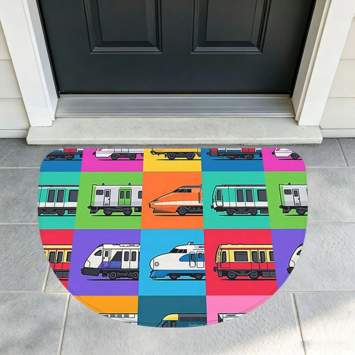 World Trains Grid Pattern Soft Flannel Half Round Doormat Non Slip Bathroom Mat Absorbent Floor Carpet for Laundry Room Bathroom