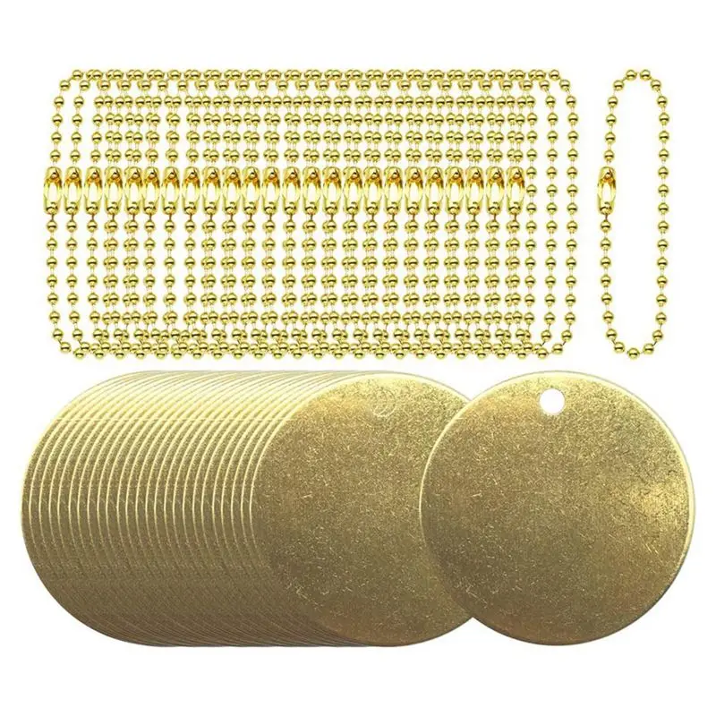 DT19 50 Pcs Brass Valve Tags with Ball Chain, 1 Inch Blank Metal Tags for Pipe Valves, Equipment, Key Labeling