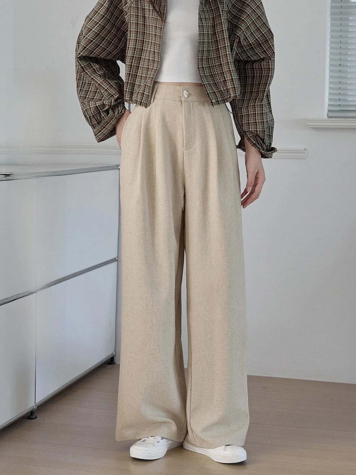 

Женские повседневные брюки цвета хаки, новинка весенней коллекции, свободные, универсальные, стройнящие, струящиеся, костюмные брюки для офиса, с высокой талией, широкие штанины