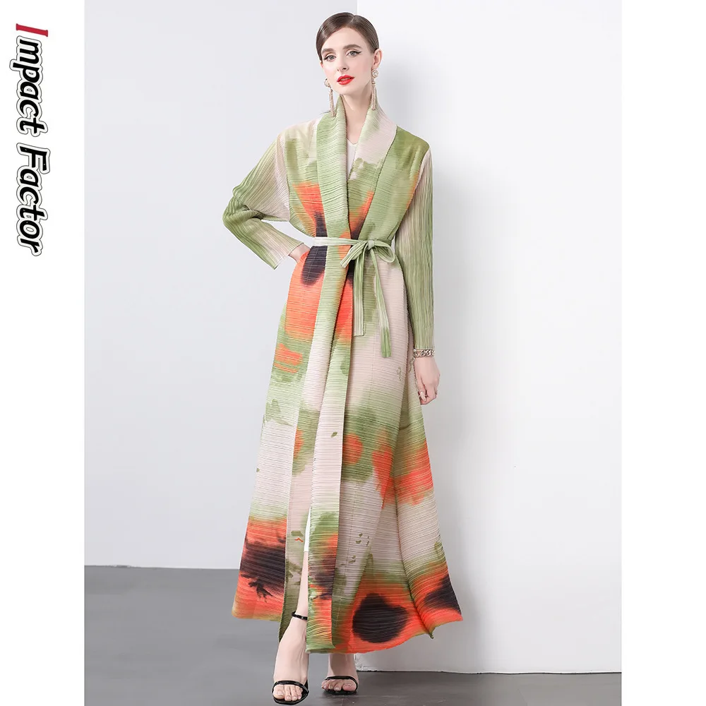 

Miyake Long Trench Coat Women's Spring Autumn Fashion Loose Lace-up Printed Pleated Cardigan Coat 2024 Middle East Hot-selling