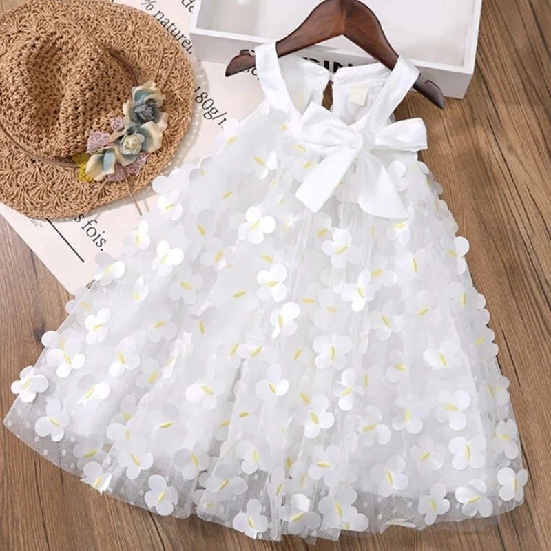 

Summer Toddler Dresses Cute Flower Princess Dress Female Baby Butterfly Appliques Dress Children Mesh Bow Kids White Costume