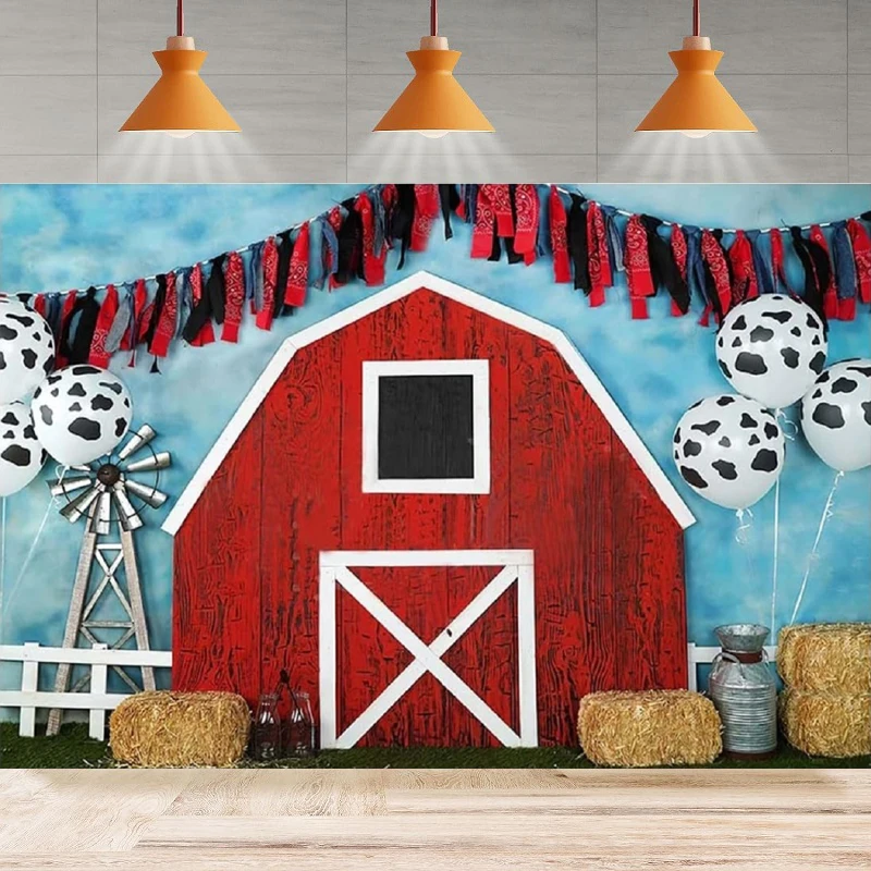 

Photography Backdrop Red Farm Barn Rustic Farm Background Poster Balloons Western Cowboy Baby Shower Birthday Party Decor Banner