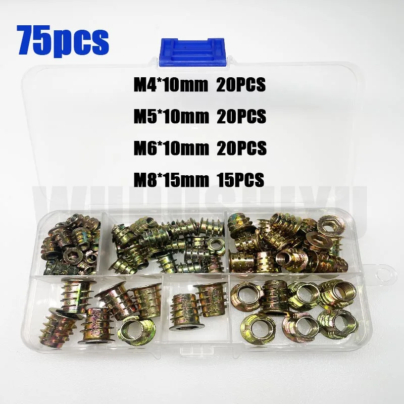 165/75/55pcs Threaded Insert Nut E-nut M4 M5 M6 M8 Set Kit For Wood Furniture Bed Cabinet Table Embedded Hex Hexagon Socket Head