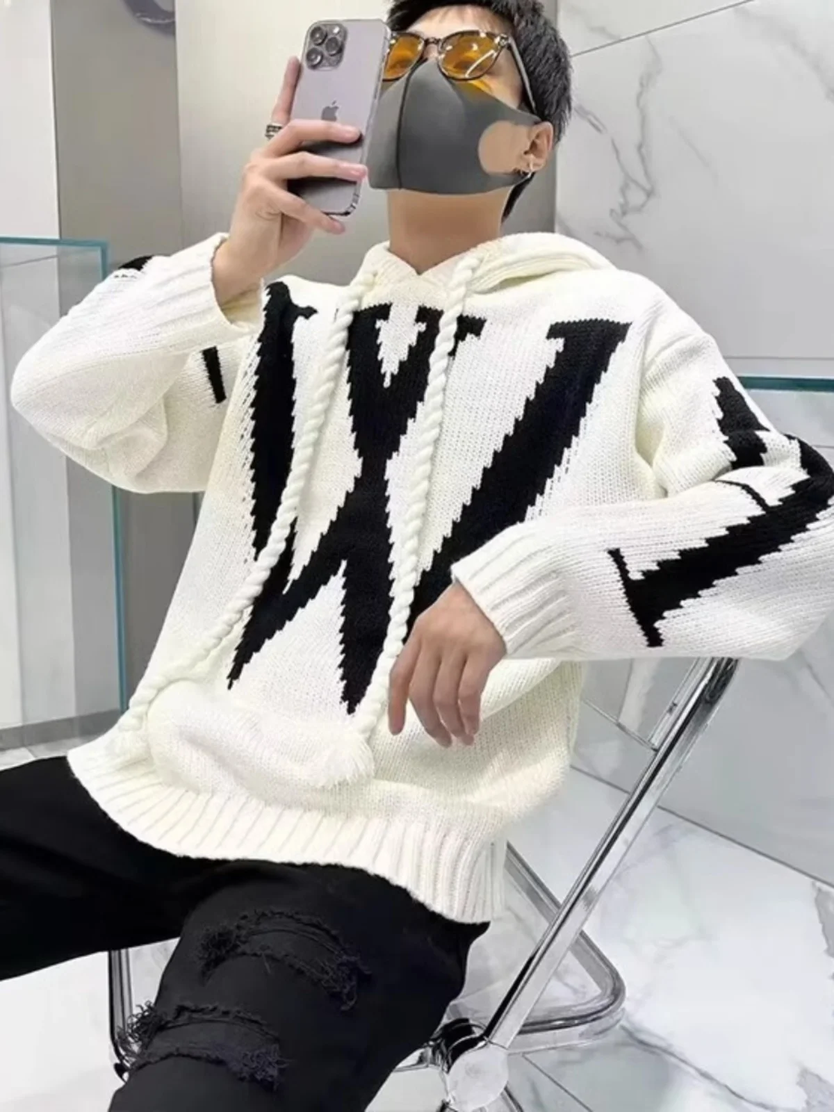 

Мужская вязаная толстовка свободного кроя 300 пу, осенне-зимняя, модная, повседневная верхняя одежда, с длинным рукавом и воротником-стойкой