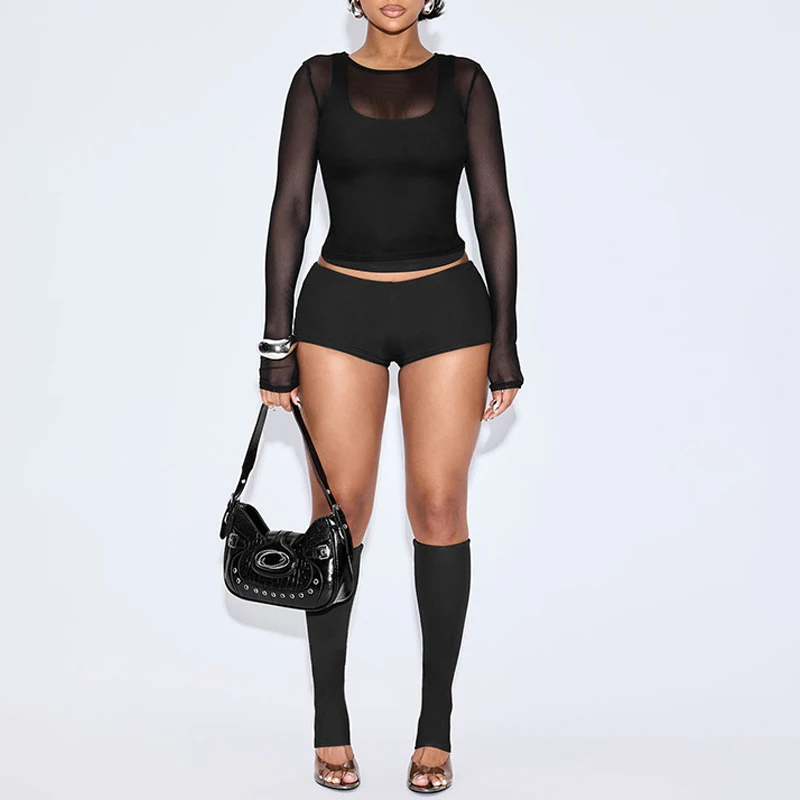 

BKLD сексуальный повседневный стиль женский камзол + сетчатая футболка с длинными рукавами + шорты с эластичной резинкой на талии + гетры однотонный спортивный костюм в тон