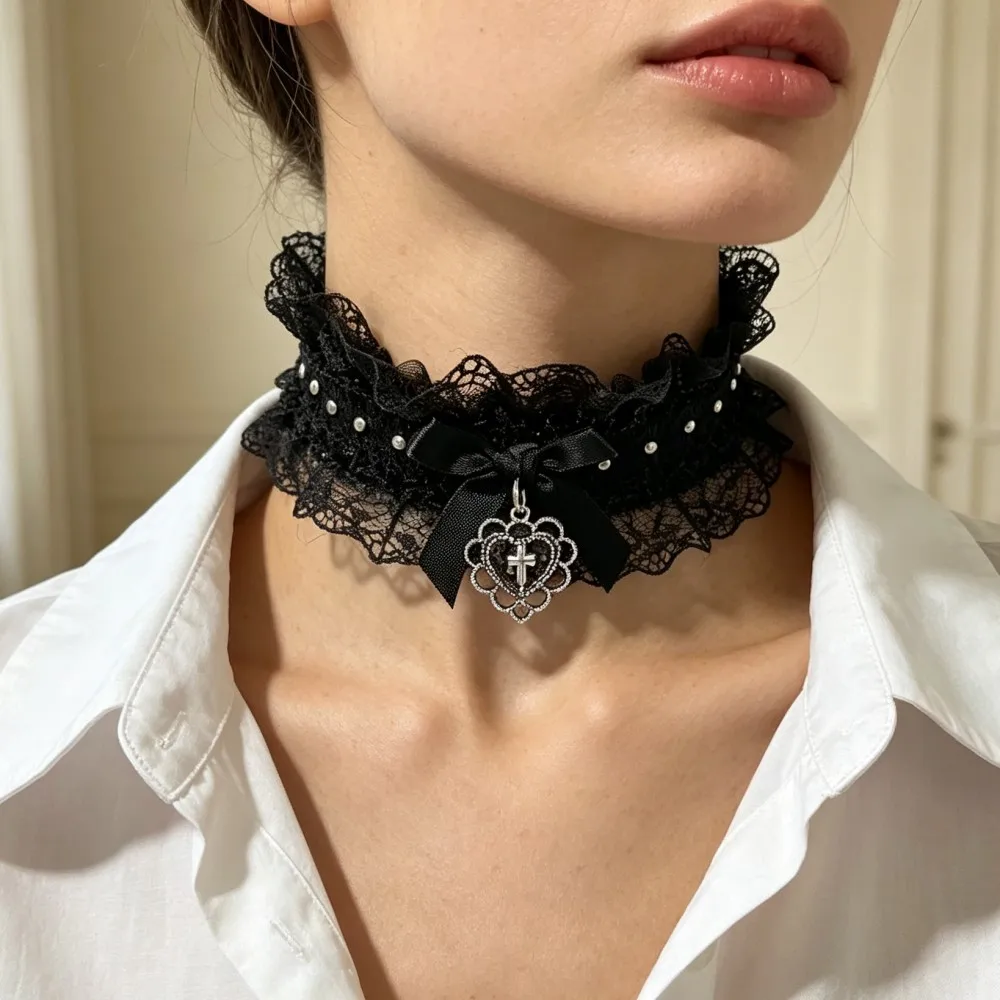 Gothic-Halsband aus schwarzer Spitze mit Schleifen- und Kreuzanhänger, Vintage-Y2K-Halskette mit Gummiband für Mädchen, Punk-Lolita-Cosplay-Kragen-Schmuck. – Detail 6