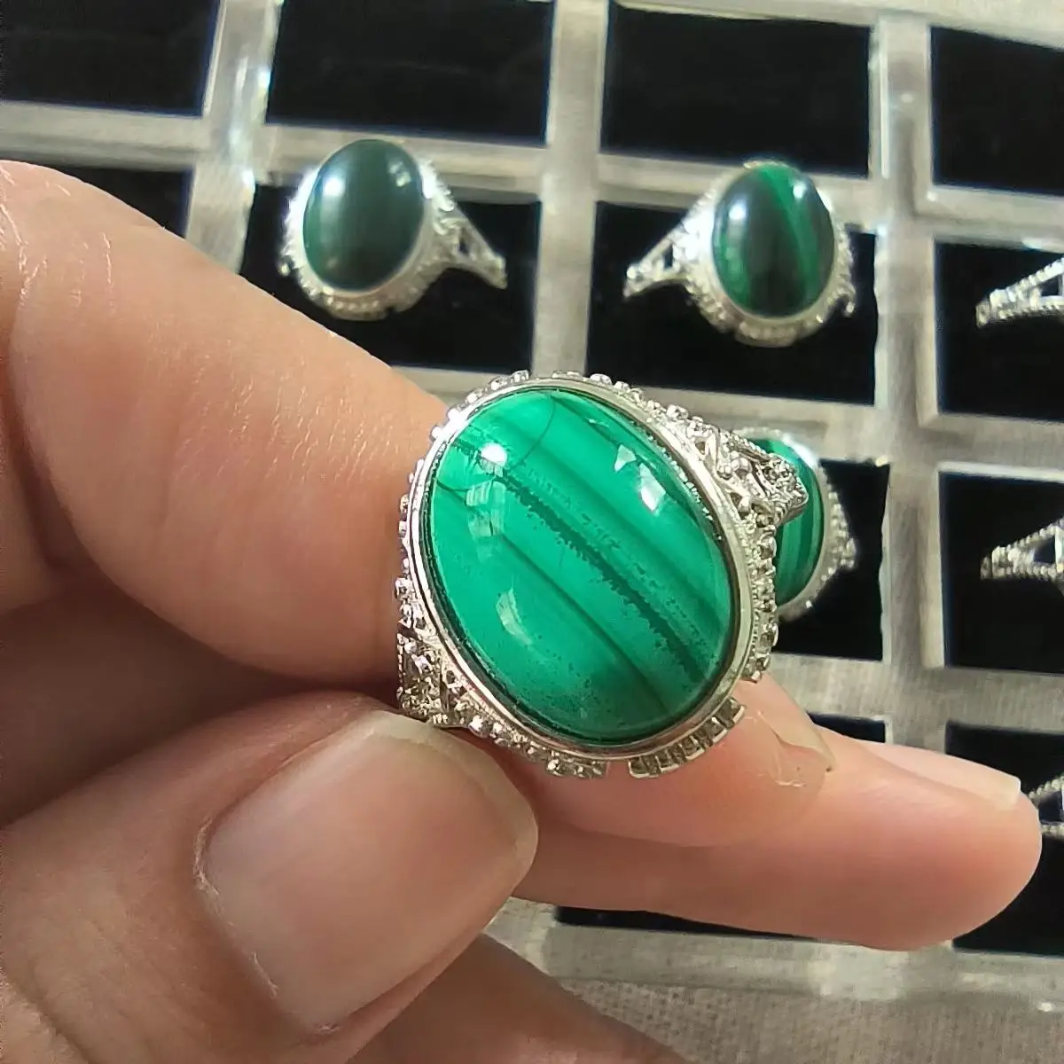 

1Pcs/Lot Natural malachite ring Green Gem Jewelry s925 Silver Inlaid femme alianças namoro joyeria plata ringen anillos pareja