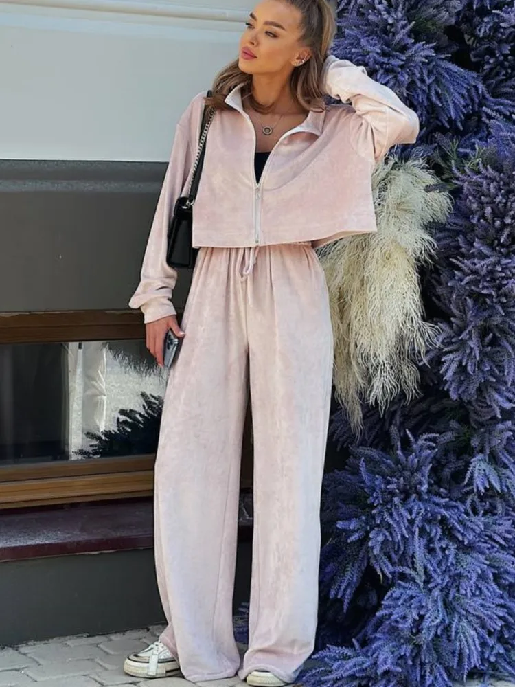 Autumn Winter Solid Velvet Two Piece Sets Women Outfits Tracksuit Zipper Long Sleeve Sweatshirts Top Wide Leg Pants Casual Suit