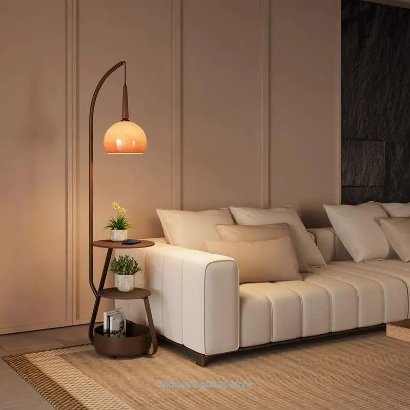 

Vintage Ambient Floor Lamp, Mid-century Style, Metal & Glass, for Living Room Sofa Side Bedroom, Integrated Nightstand Light
