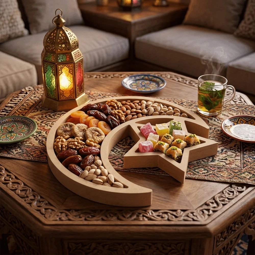 Easy To Clean Wooden Ornament Tray Star and Moon Irregular Snack Plate Smooth Shallow Groove Candy Platter Decorative