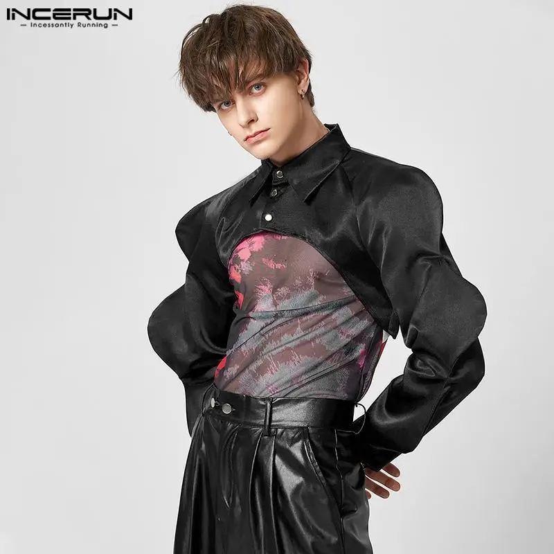 INCERUN Men Irregular Shirt Lapel Long Sleeve Streetwear Solid Color Button Male Crop Tops Loose 2024 Fashion Sexy Camisas S-5XL