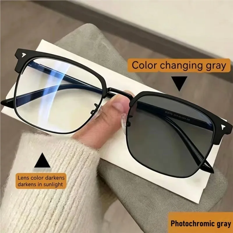 Photochromic Anti Blue Light Glasses Men Women Square Half Frame Computer Eyeglasses Light Change Lens Fashion Eyewear