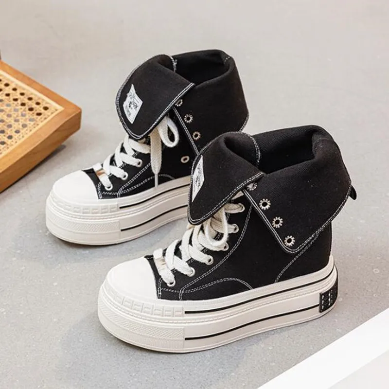 12CM Skateboard Breathable Heightening Shoes Denim Women 2026 Fashion Spring Ankle Boot High Brand Platform Wedge Autumn Sneaker