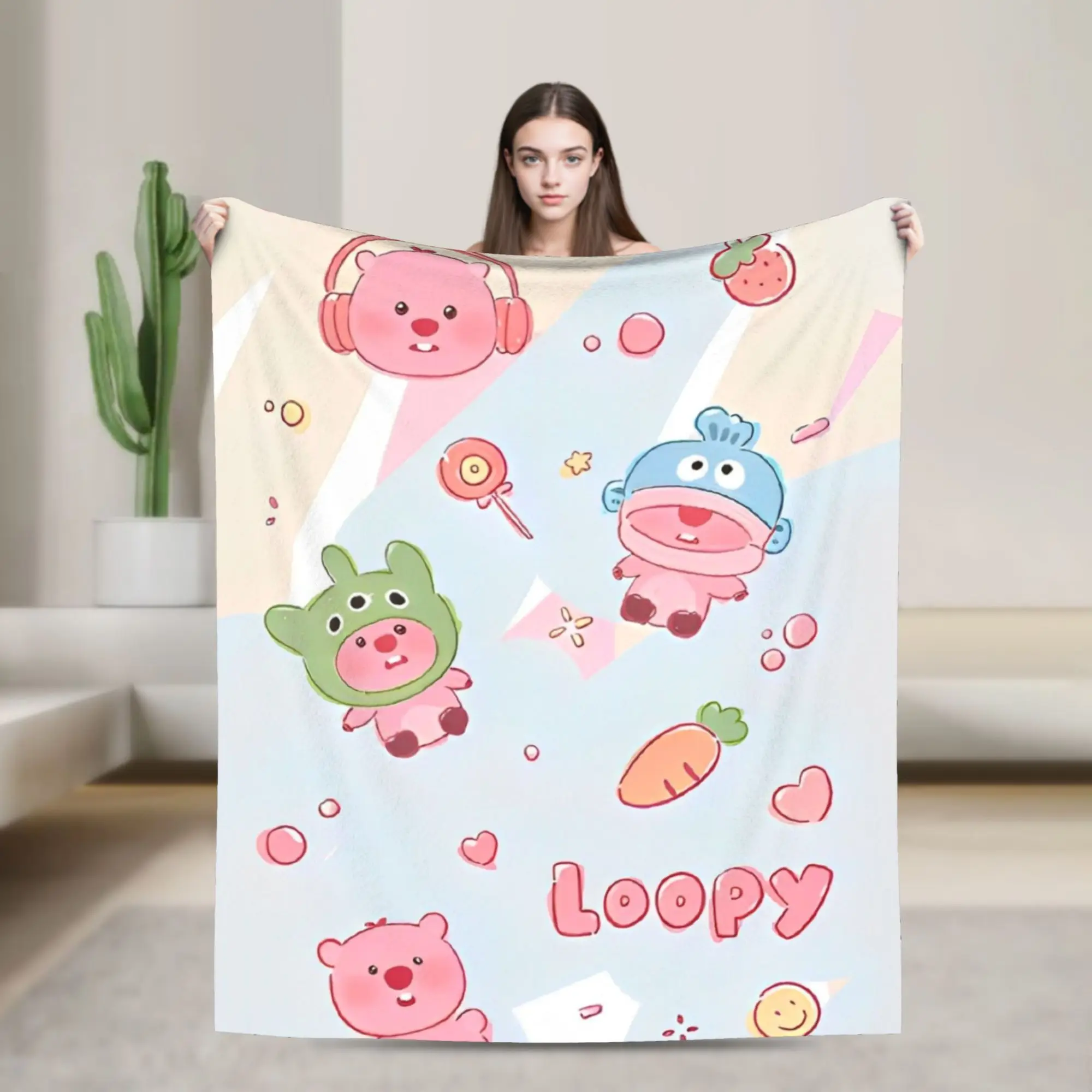 Cute Loopy Blanket Pink Beaver Pororo Fuzzy Funny Breathable Throw Blanket for Home Restaurant Autumn/Winter