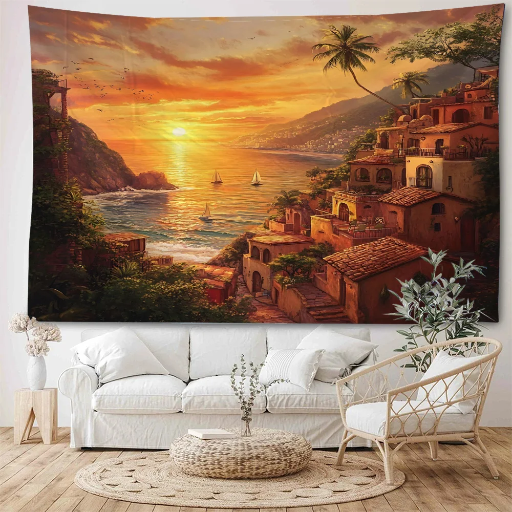 Beautiful seaside town, beach, sea view, coconut trees, seawater dolphins, landscape decoration, tapestry, living room decoratio