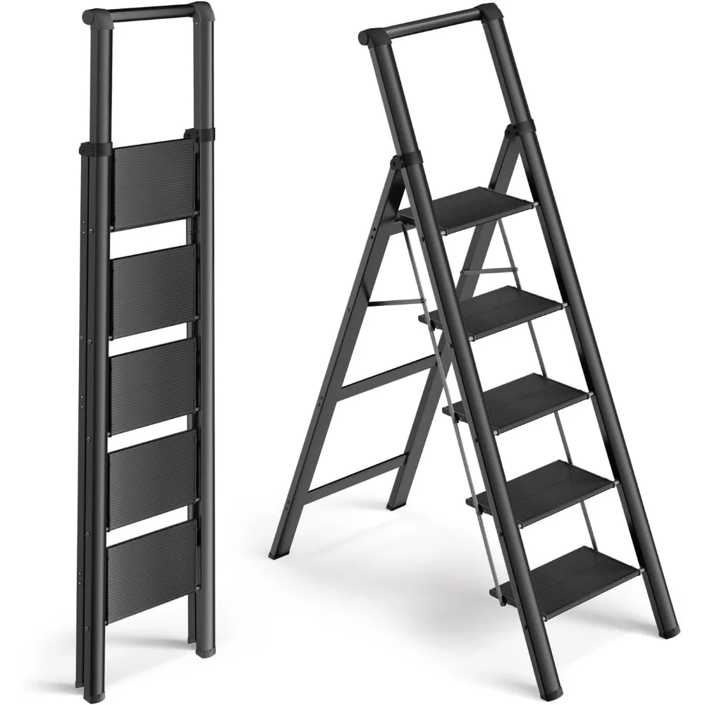 

5 Step Ladder with Anti-Slip Aluminum Pedal, Folding Ladder for Home with Handrails, Lightweight and Sturdy, Reach 9 ft