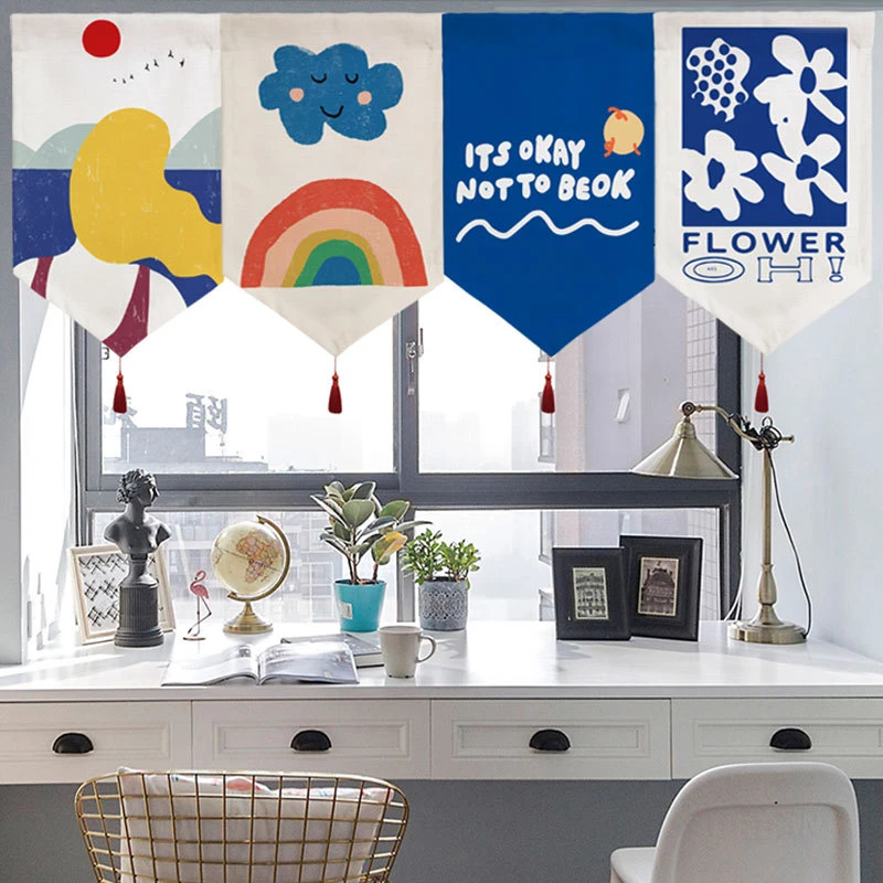 VIKAMA Abstract Geometric Cartoon Triangle Pennant Curtain Modern Art Print Window Valance Kitchen Bedroom Wall Decor