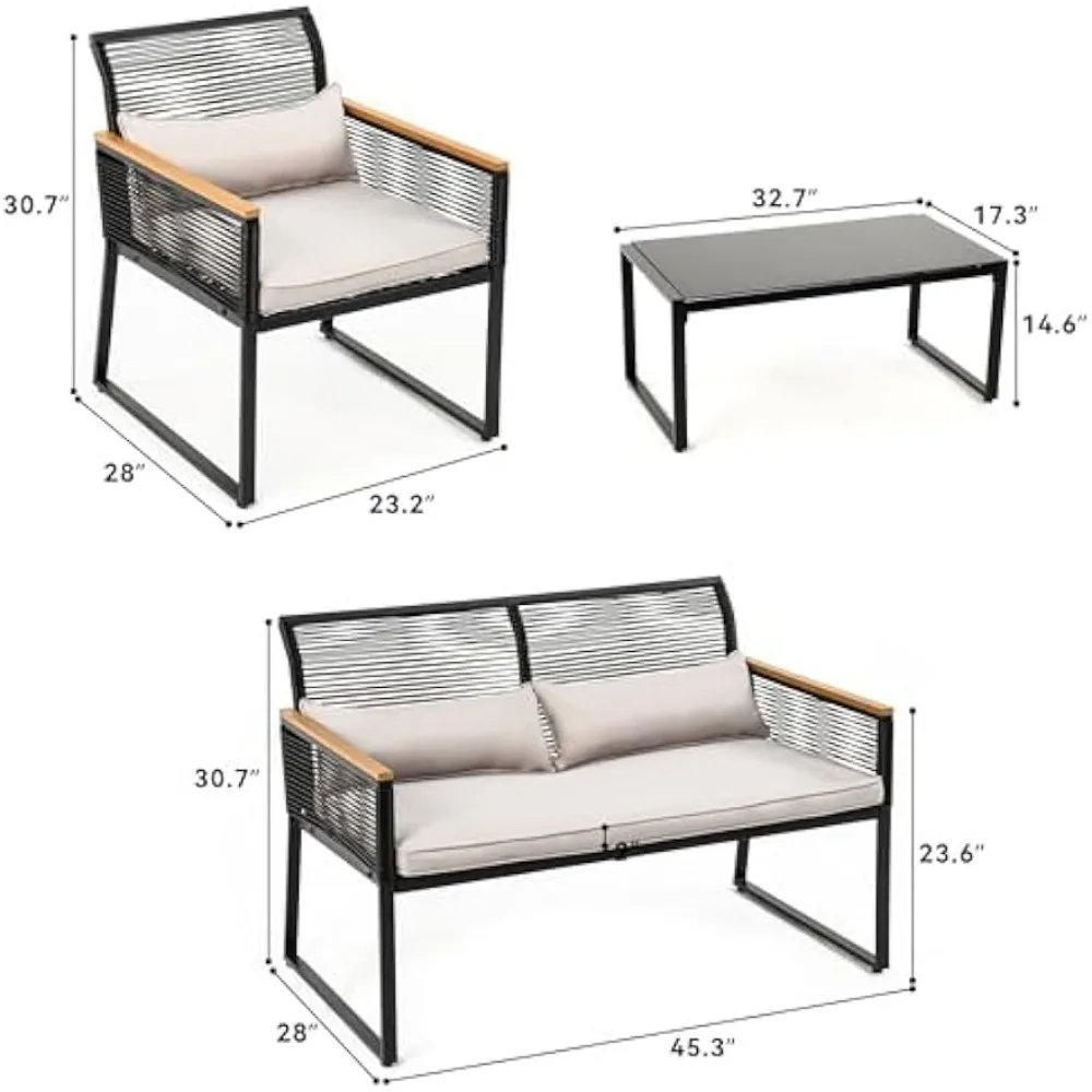 Mobília do pátio de vime ao ar livre, Rattan para todos os tempos, Loveseat Conversa Set, braços de madeira, mesa lateral metálica, 4 pcs