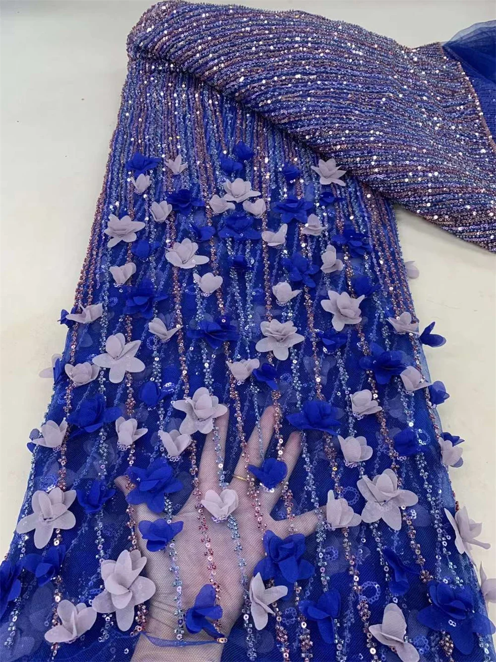 

Blue African Luxury 3D Beaded Tulle Lace Fabric 2024 Nigerian Handmade Heavy Sequins Pearls Lace Fabric For Bridal WeddingA619-1