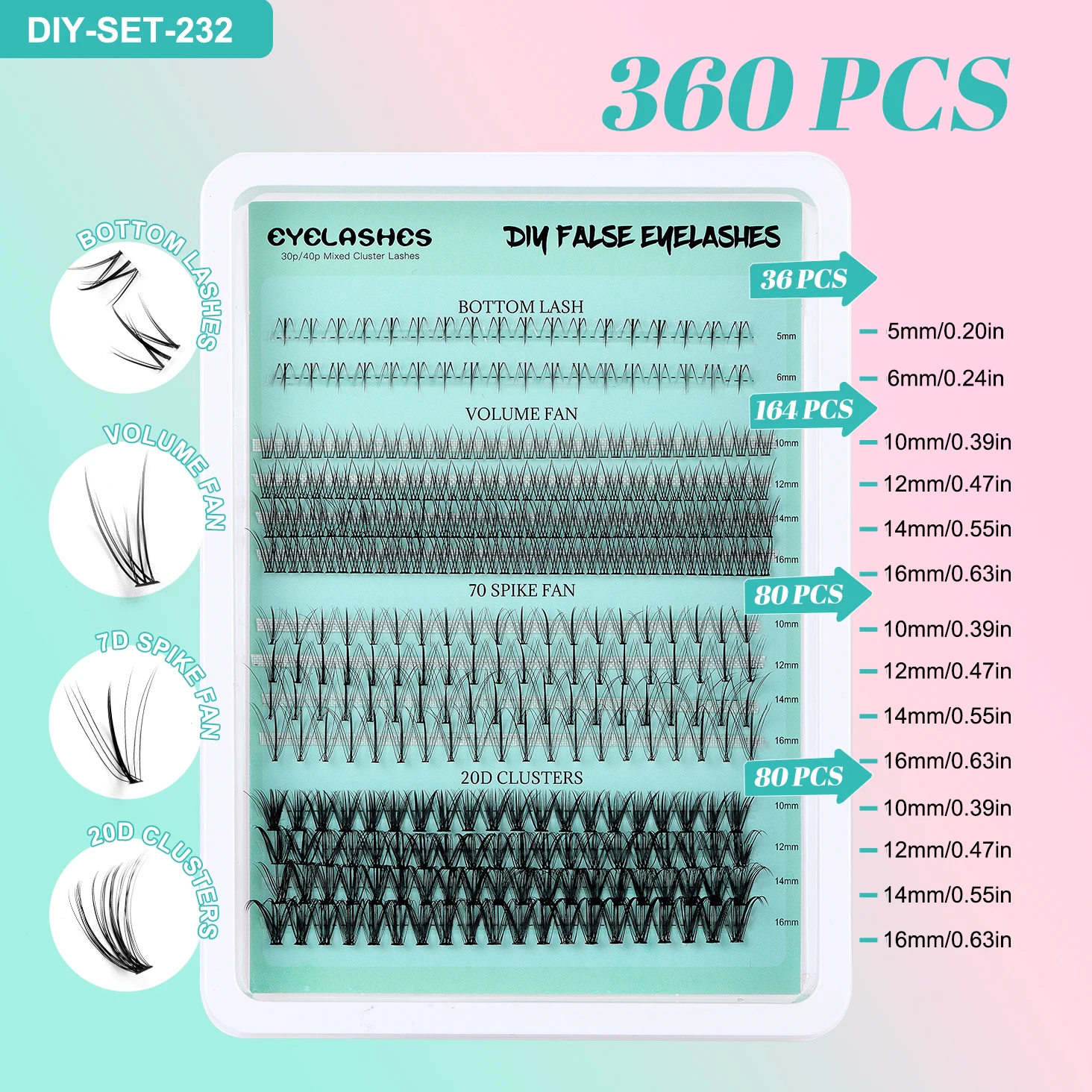 Lash Clusters DIY Lash Extensions Kit 360pcs Individual Lashes Clusters D Curl Eyelash Extension Kit with Applicator and Lash