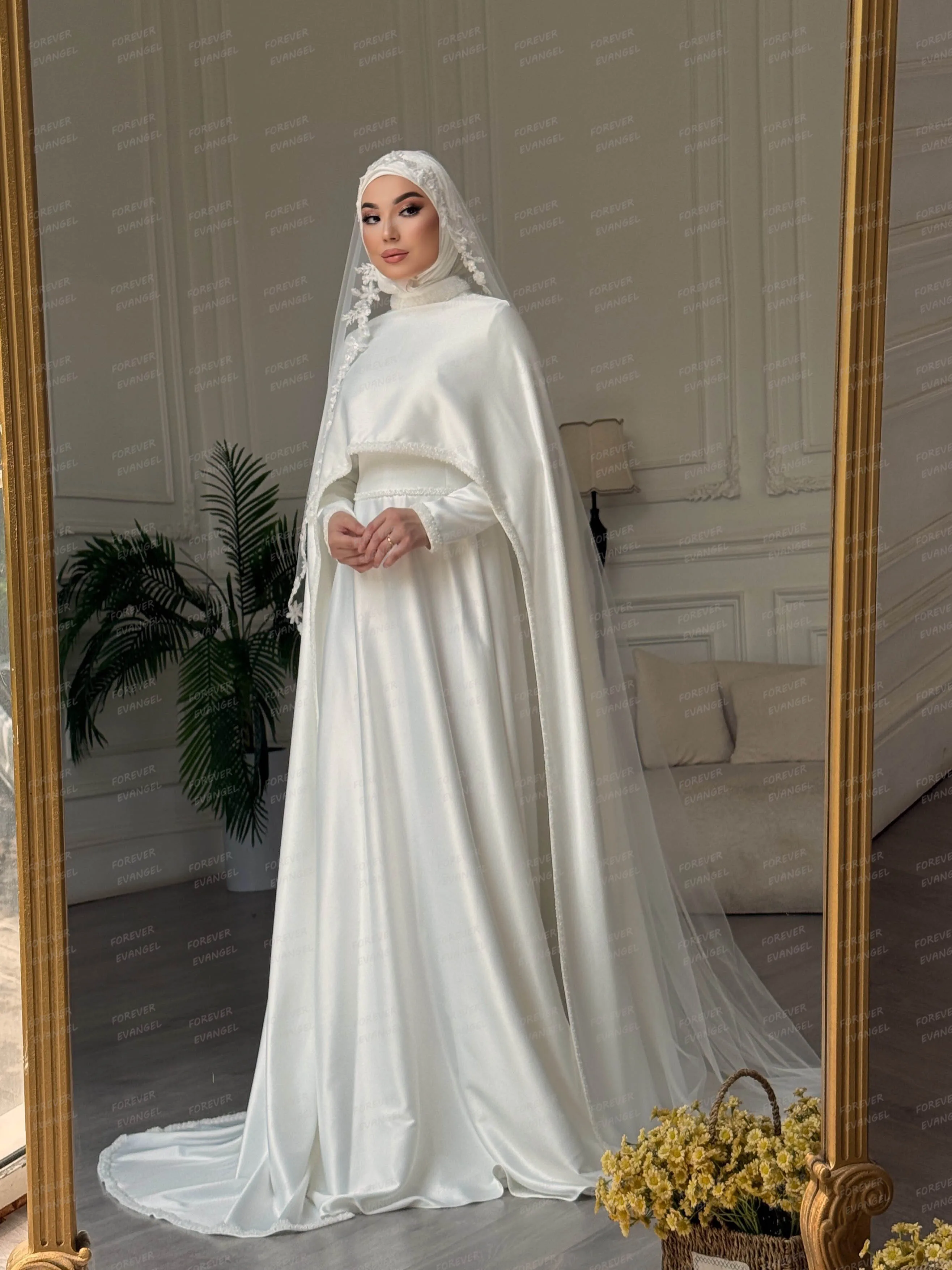 Simple Shawl Shiny Wedding Dresses A Line Woman's Long Sleeve Bride Gowns Customized Formal Vestidos De Novia Muslim Gala Party