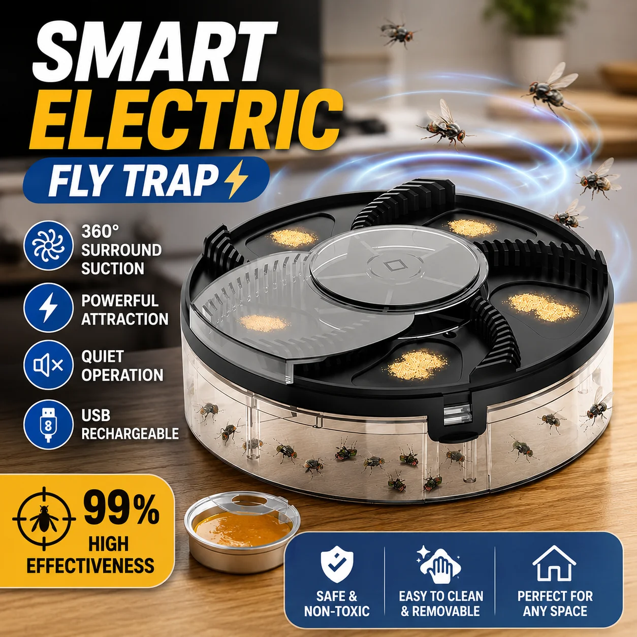 Electric Fly Killer Trap Indoor Reusable Fly Catcher With Bait Attraction For Home Kitchen And Living Areas Safe For Pets Family
