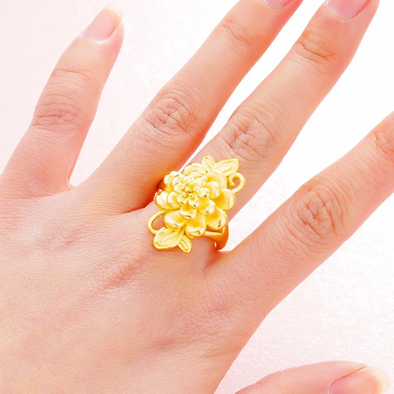 2026 Vietnamese Sand Gold Imitation 3D Hard Gold Sandblasted Flower Women Ring 24K Gold Plated Large Flower Open Ring Wedding Gi