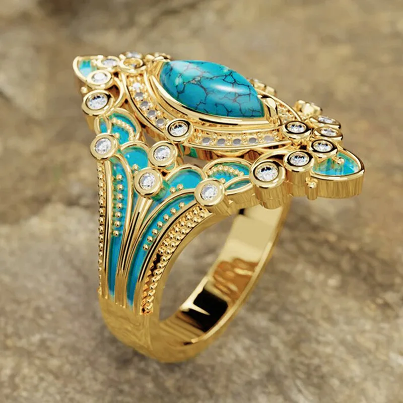 Vintage Inlaid Attending Banquet Rings with A Minimalist and Fashionable Design, Personalized Imitation of Turquoise Jewelry