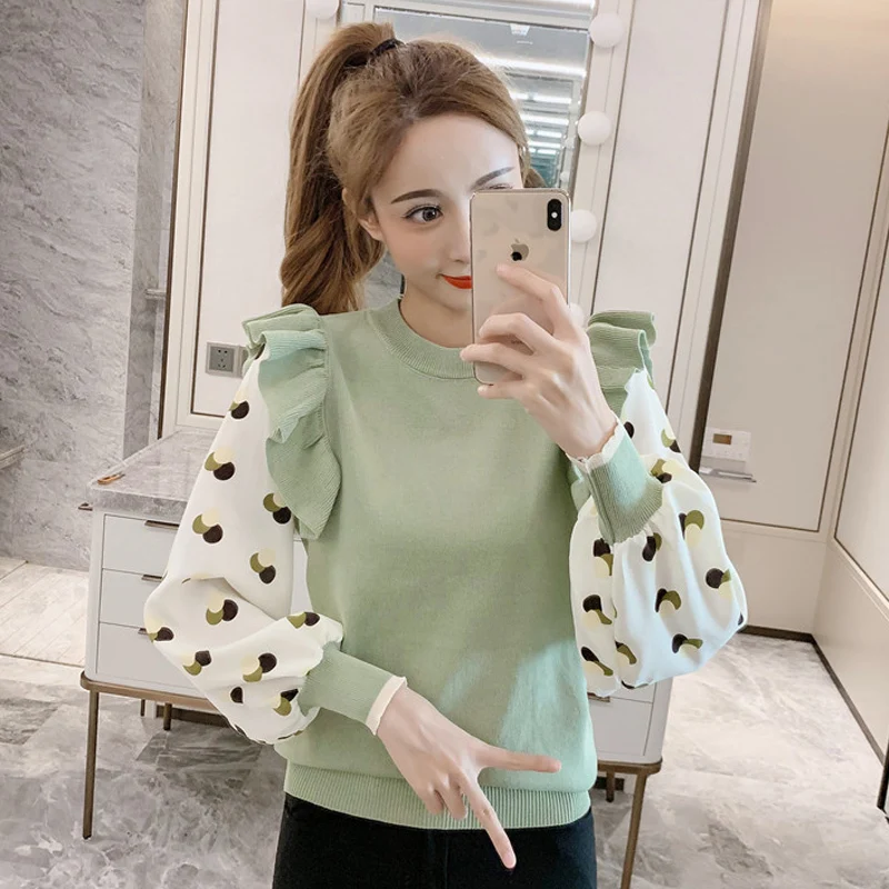 

Vintage Patchwork Ruffles Knitted Sweater Women Brown Sweet Bow 0-Neck Pullover Korean Black Students Preppy Lantern Sleeve Top