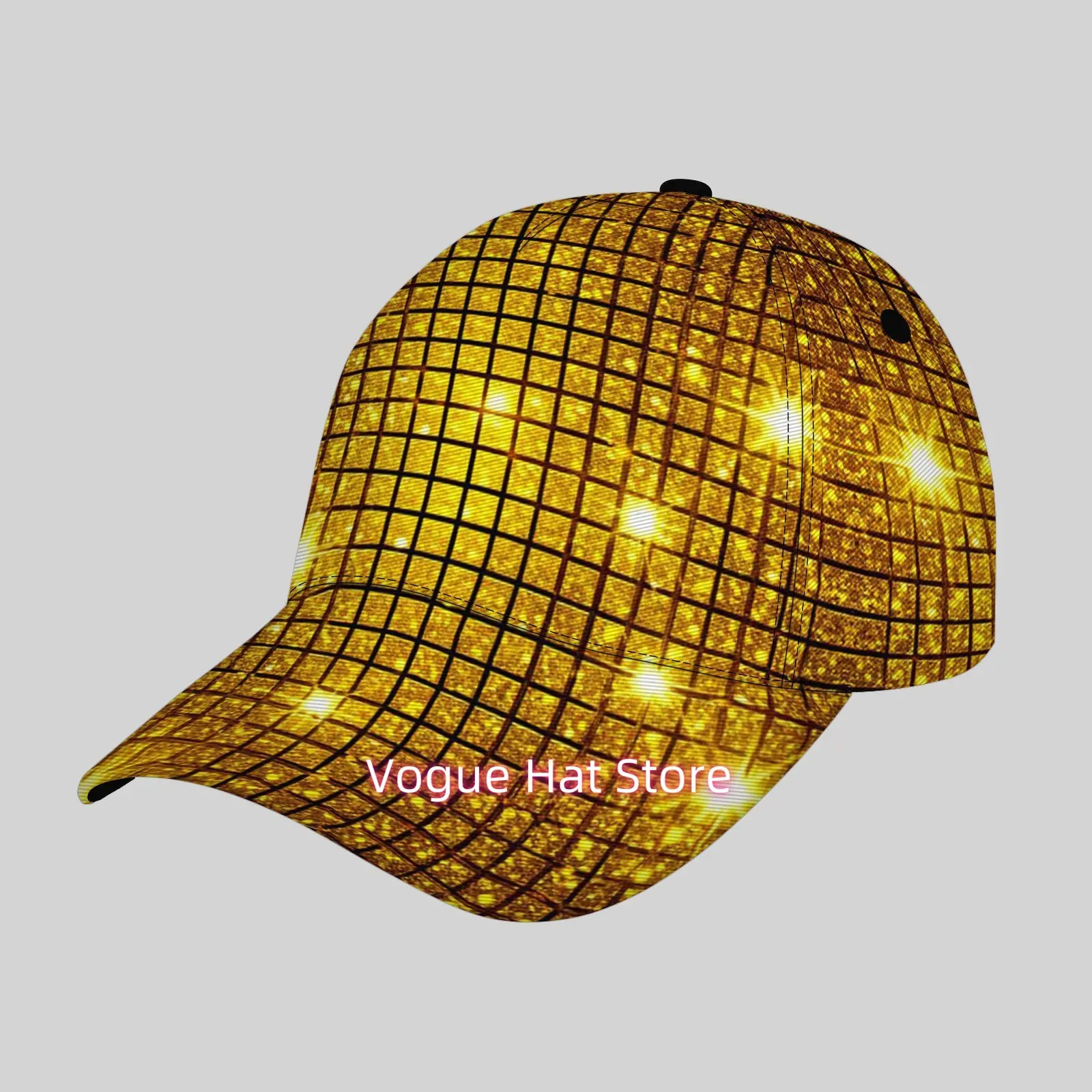 Trendy And Lightweight Cap, Stylish Hip-Hop Baseball Hat, Golden mirror disco ball grid pattern