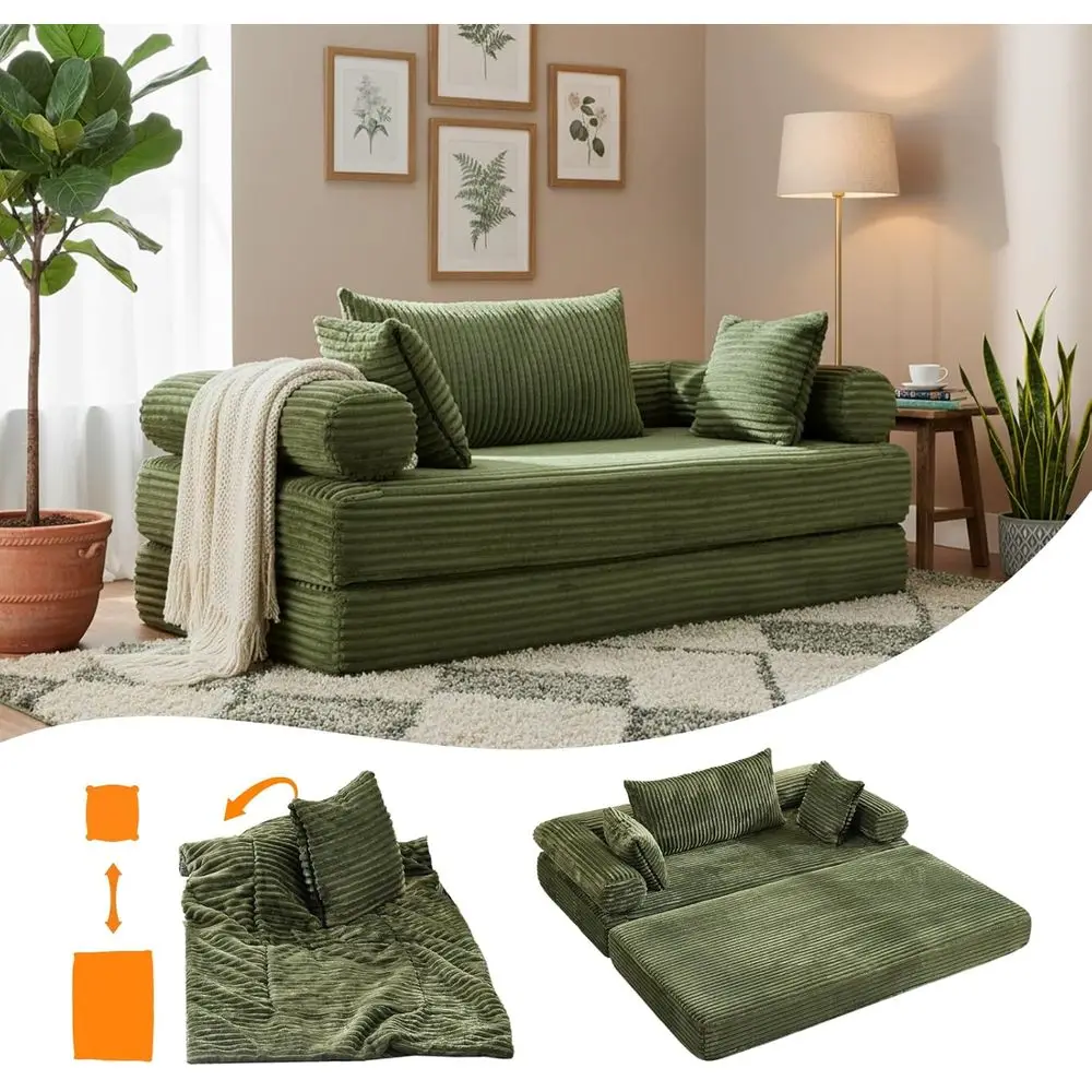 

Futon Sofa Bed, Upholstered Corduroy Boneless Couch King Size Floor Loveseat Sleeper Sofa with 2-in-1 Throw Pillow, Couches for