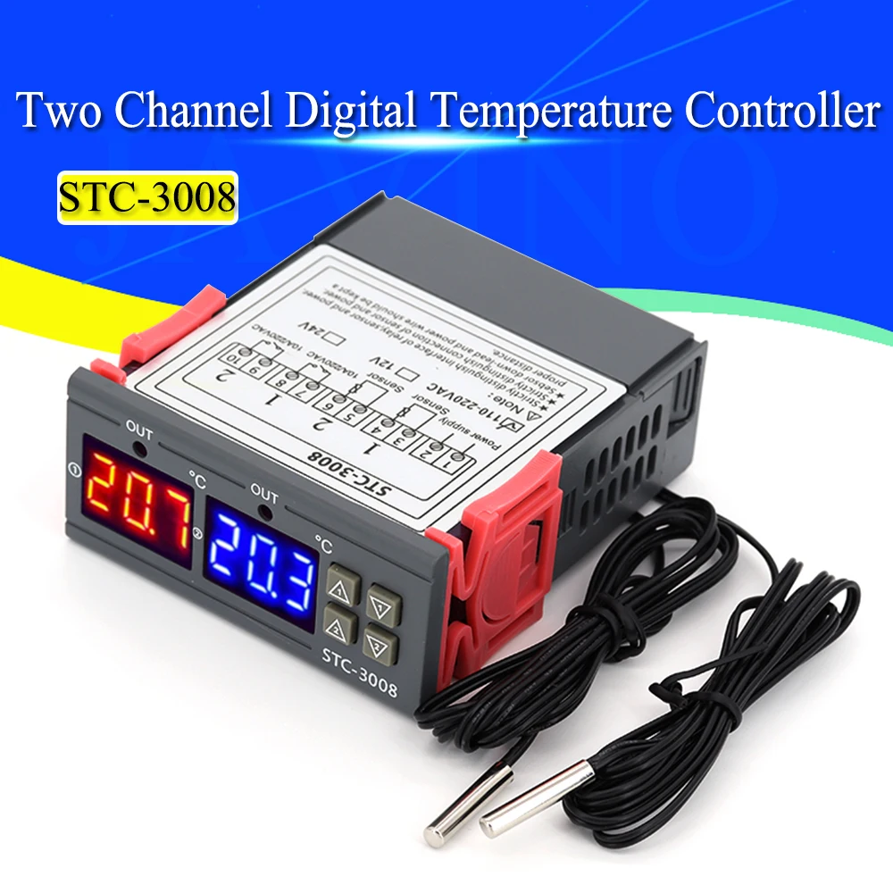 Dual Digital Temperature Controller Two Relay Output Thermostat Thermoregulator 10A Heating Cooling STC-3008 12V 24V 220V