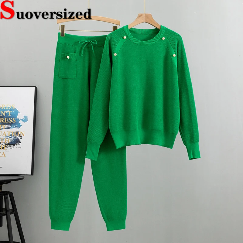 

Casual Green Knitted Conjuntos O Neck Beading Pullover Tops And Elastic Waist Jogger Pants Ensembles Fashion Sweater 2 Piece Set