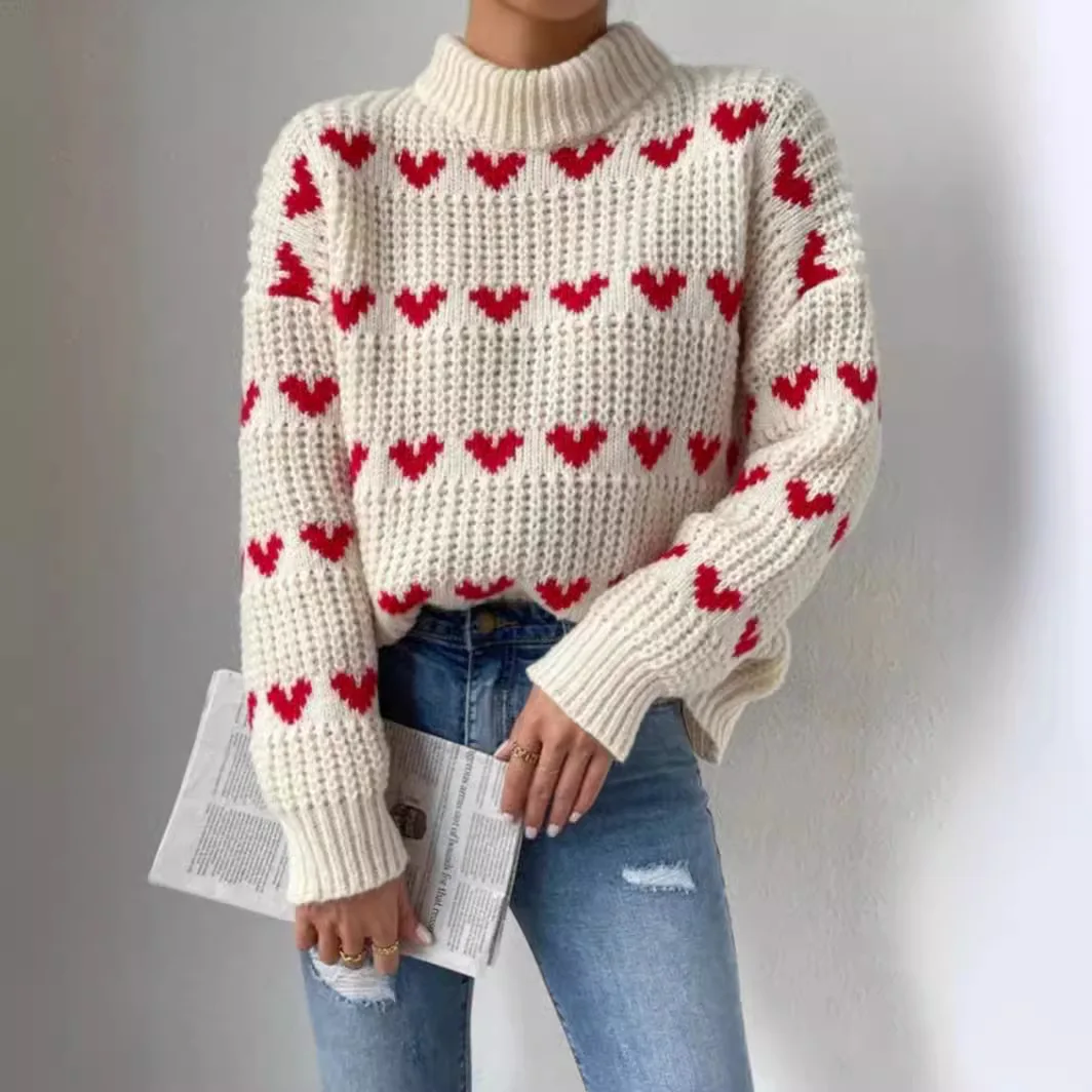 Women's Winter Heart Pattern Drop Shoulder Round Neck Long Sleeve Casual Pullover Warm  Sweater