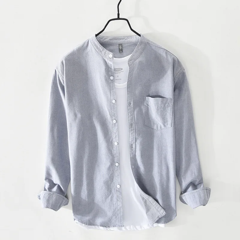 Retro Japanese Style Men's Long Sleeve Pure Cotton Loose Casual Shirt Spring Autumn round Neck Stand Collar Jacket