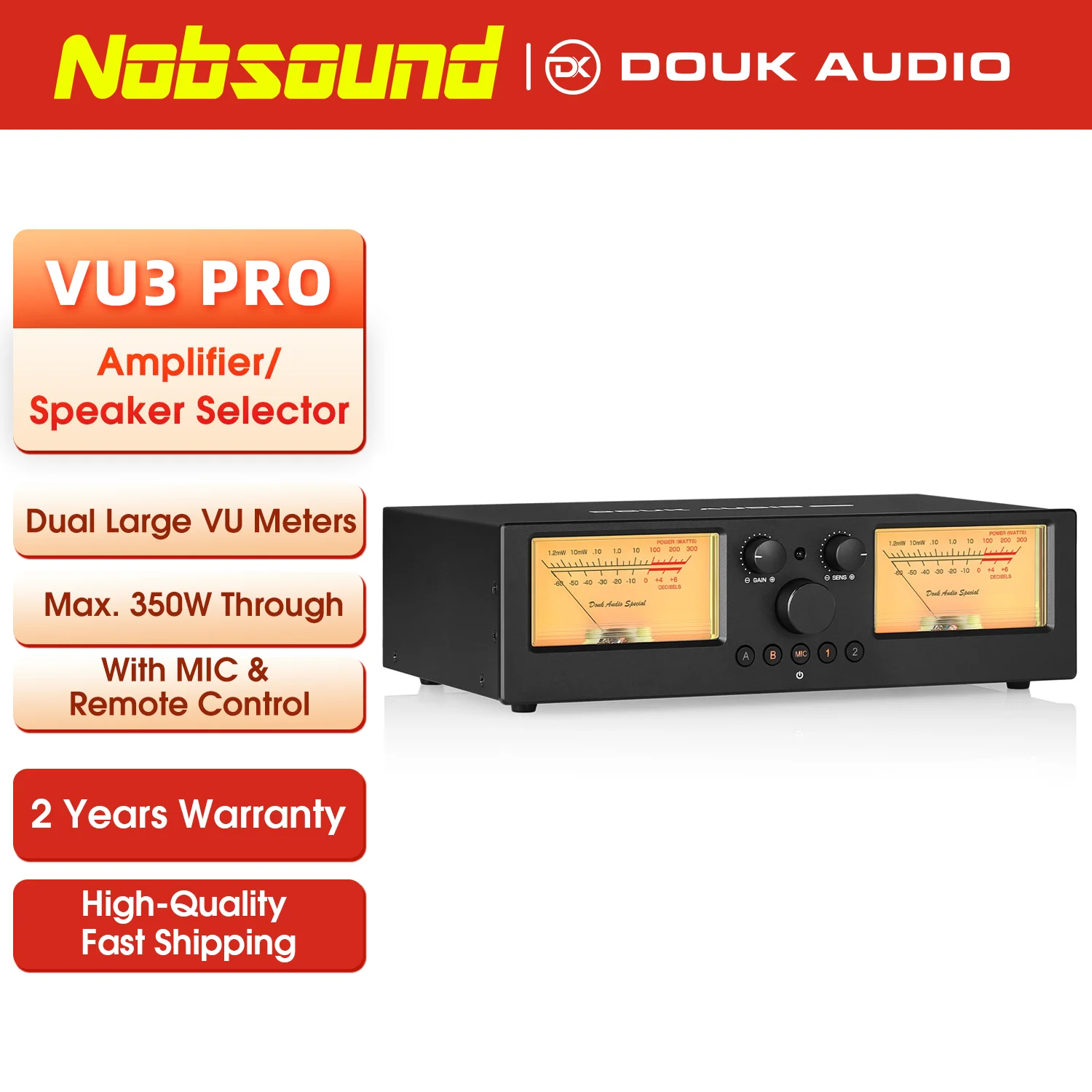 Nobsound VU3 PRO 2-way Audio Switcher Box for Amplifier / Speaker 2-IN-2-OUT Selector with 2PCS VU Meters