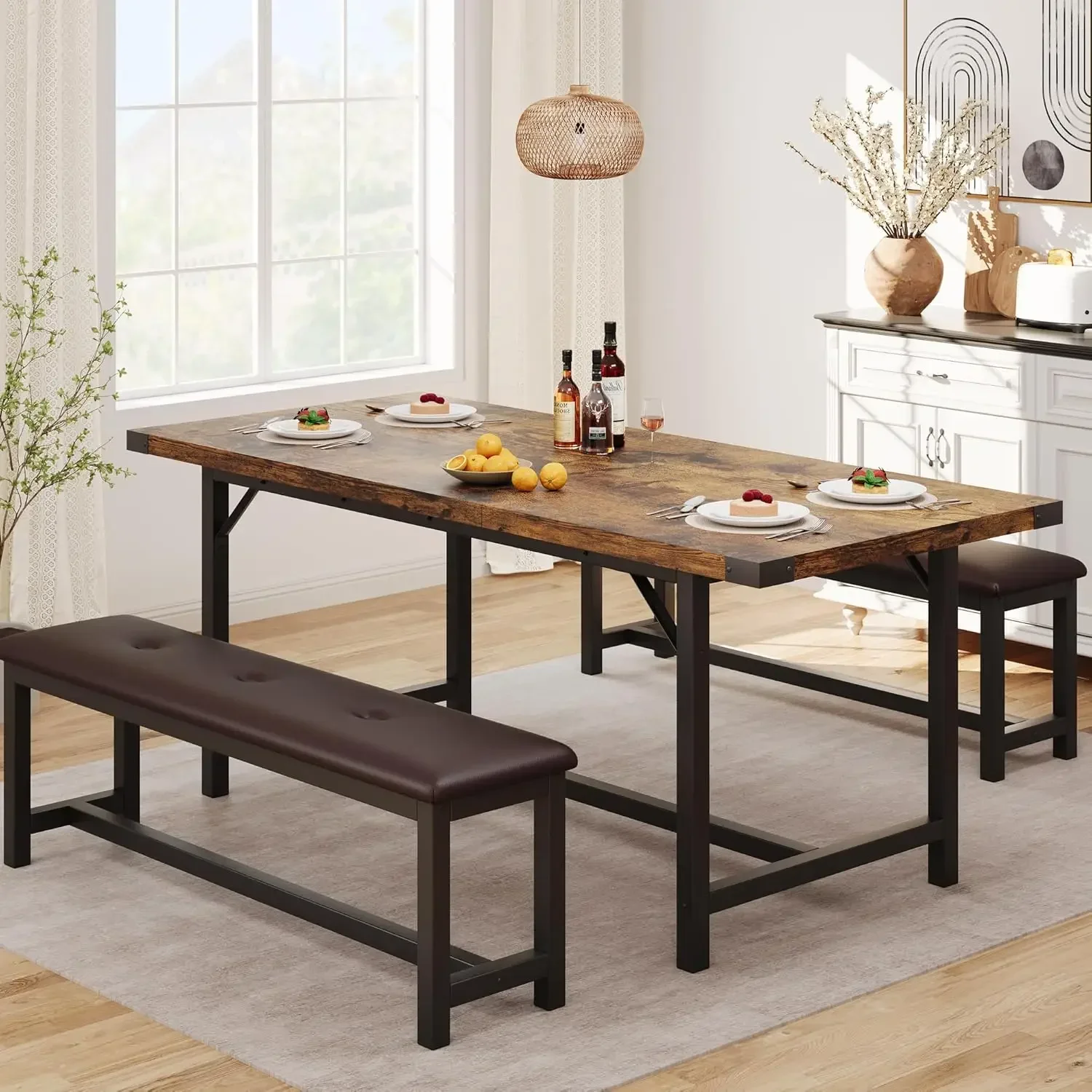 Expandable Dining Table Set For Four To Six Three Piece Kitchen Table Set With Two Cushioned Benches Folding Rectangle Dining Se