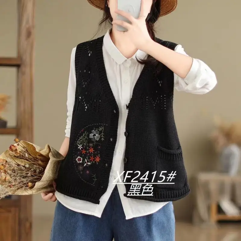 Spring New Artistic Embroidery Knitted Shirt Top Women\'s Short Cotton Thread Vest Loose V-neck Jacket Coat