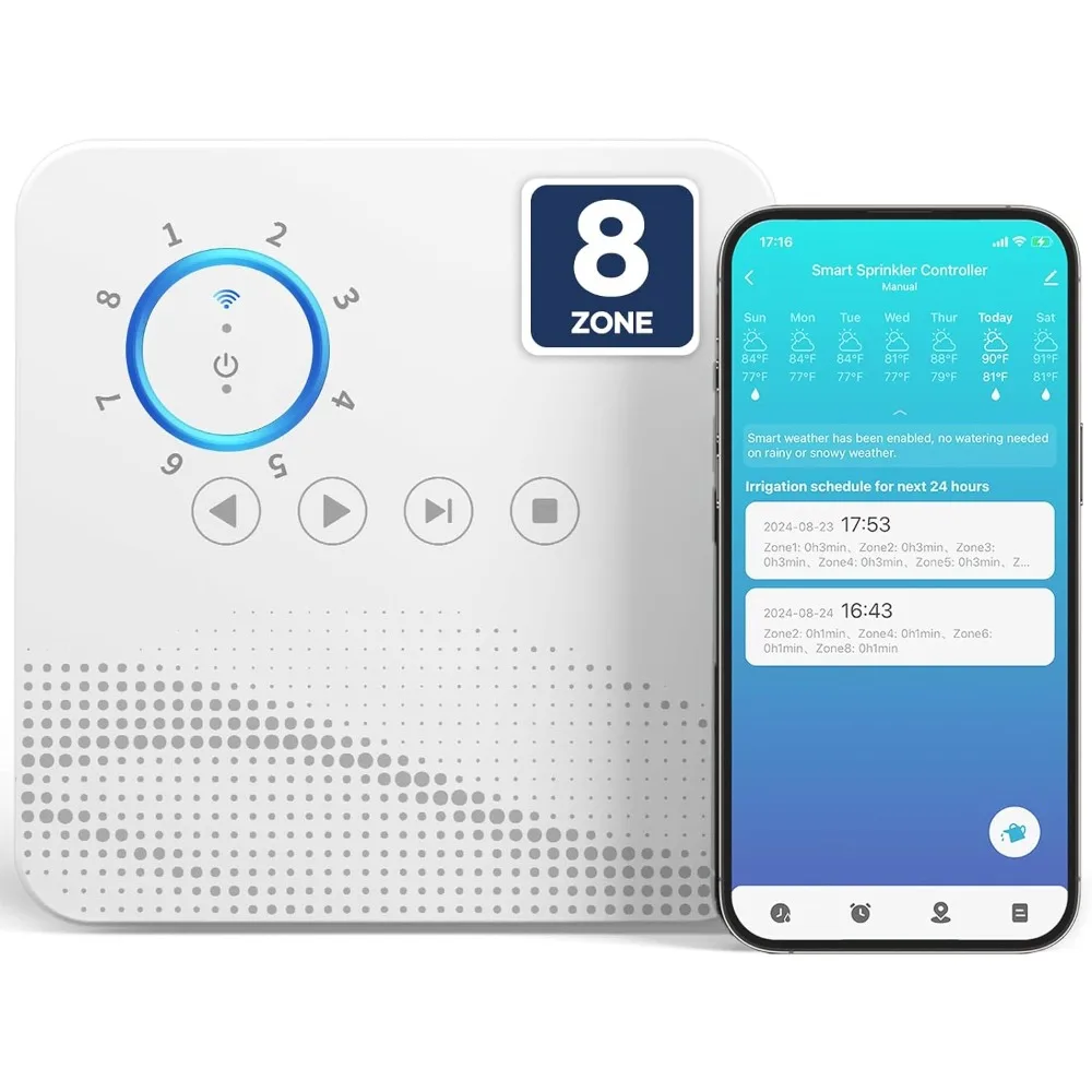 

WiFi Irrigation Controller 8 Zone Indoor Smart Sprinkler Timer with Weather Intelligence Auto Rain Freeze Skip App