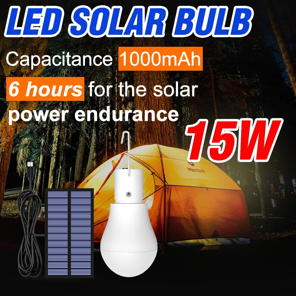 

Солнечная лампочка 15 Вт, уличная светодиодная сверхъяркая лампа, водонепроницаемый прожектор для сада, двора, коридора, портативное освещение для кемпинга