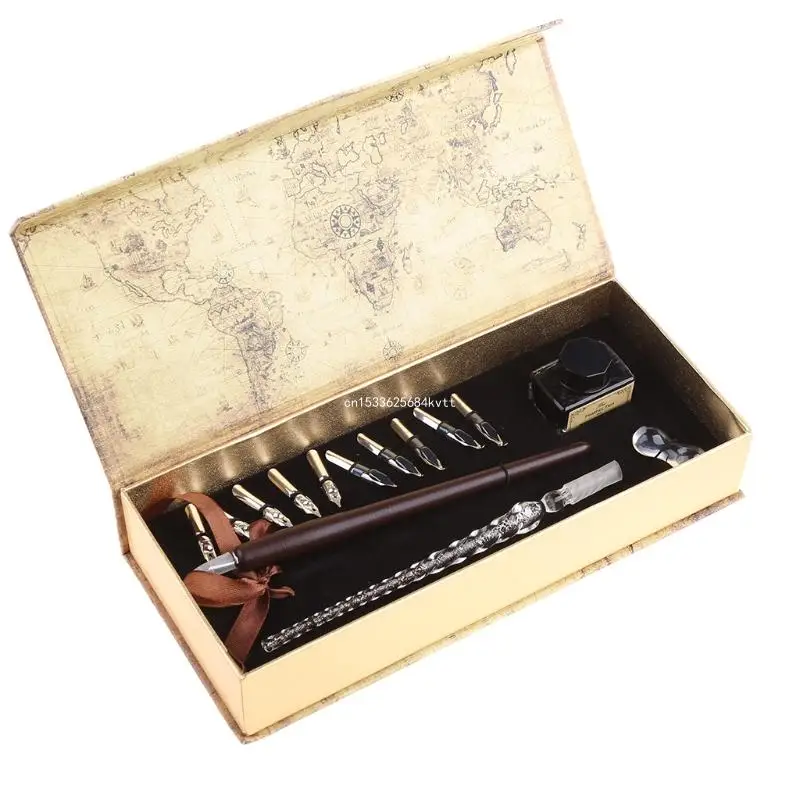 Vintage Dip Pen Set Wood Dip Pen Glass Dip Pen Set Gift for Kids Dropship