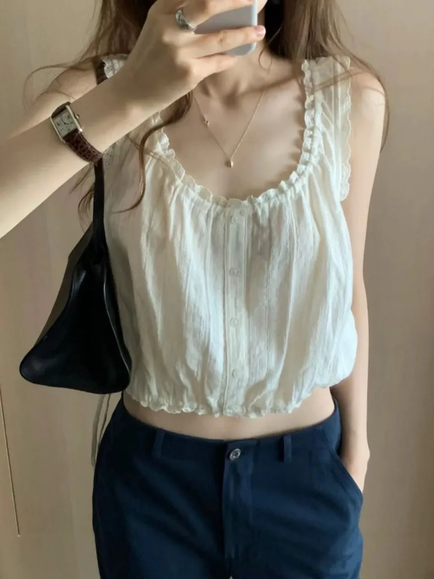 

Sweet Girl's Lace Trim Belted Sleeveless Shirt Korean Style Spring Autumn Winter Casual Wear School Street Style Outdoor